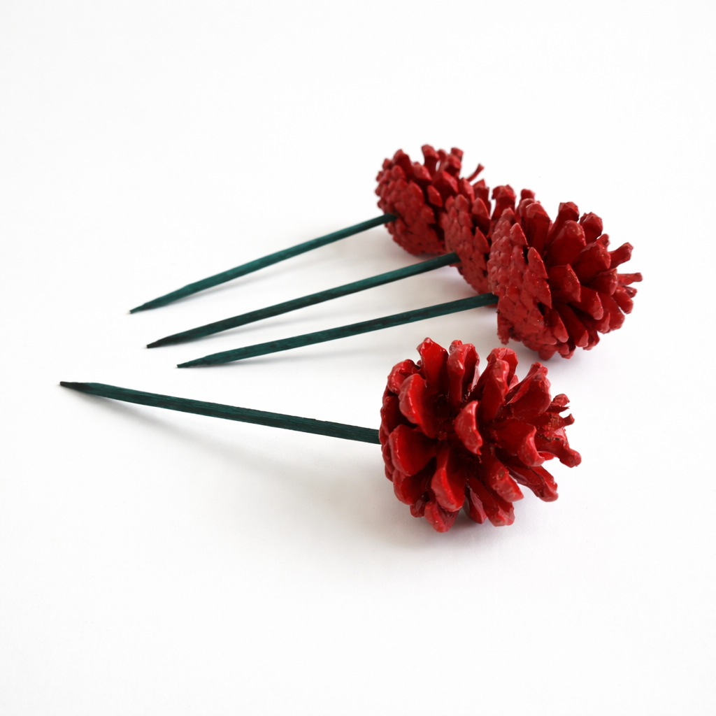 Red Painted Pinecone Pick - 6 Inch Stem (1-2")