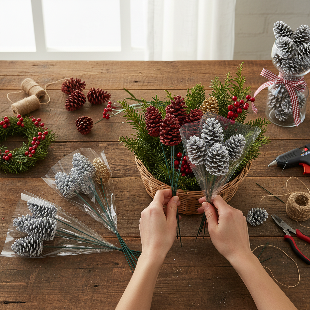 Gold Glitter Pinecone Pick  - 18" Wood Stem (4-6")