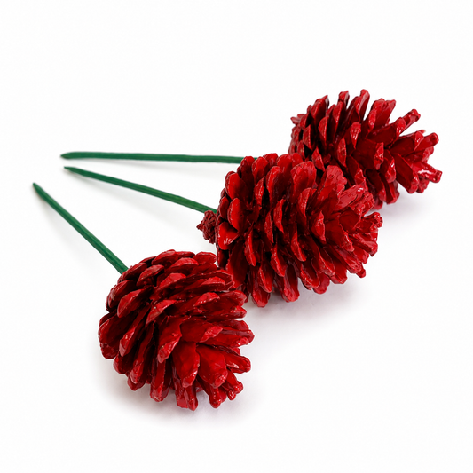 Red Painted Pinecone Pick - 6 Inch Stem (2-3")