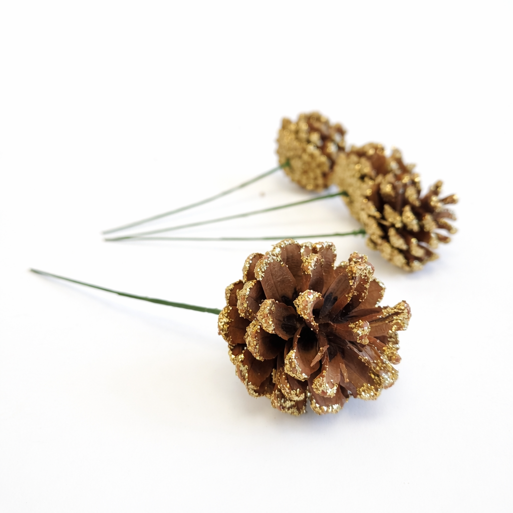 Gold Glitter Pinecone Pick - 6 Inch Stem (1-2")