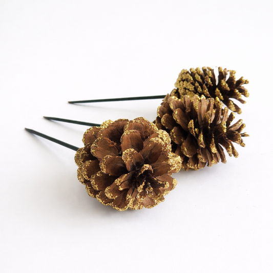 Gold Glitter Pinecone Pick - 6 Inch Stem (2-3")