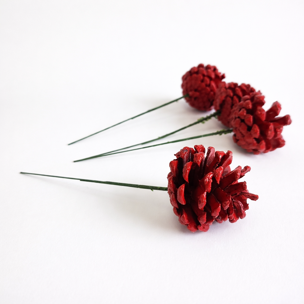 Red Painted Pinecone Pick - 6 Inch Stem (1-2")