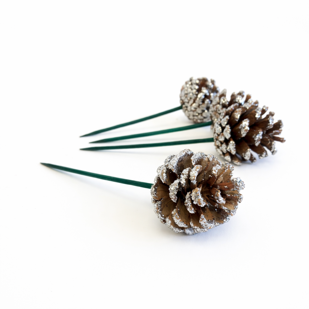 Silver Glitter Pinecone Pick - 6 Inch Stem (1-2")