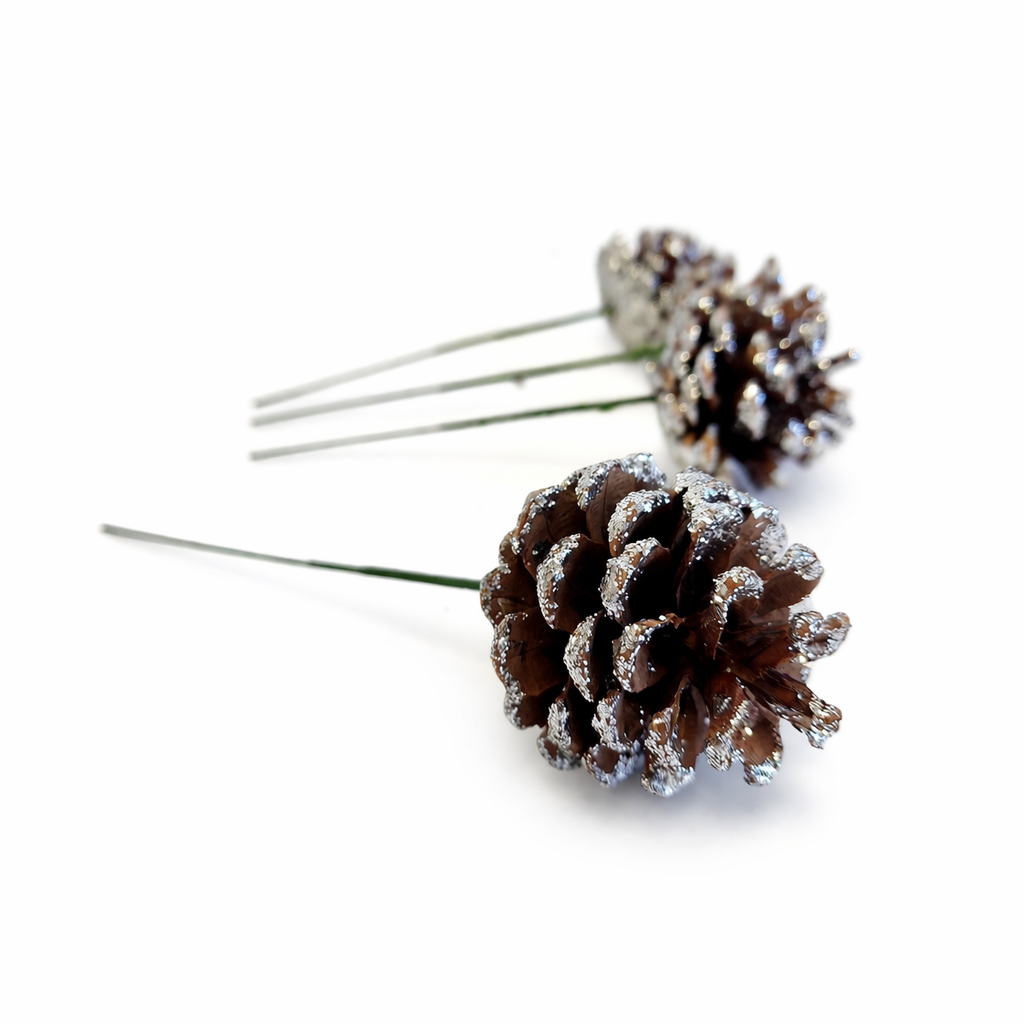 Silver Glitter Pinecone Pick - 6 Inch Stem (1-2")